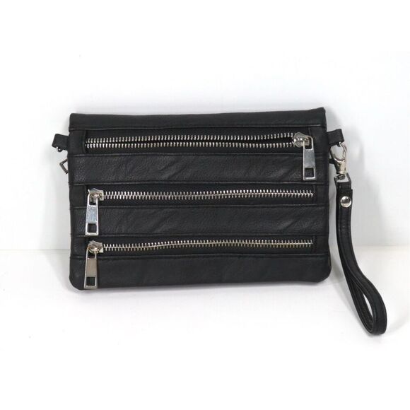 Black Leather Triple Zip Bifold Wristlet Wallet - Picture 1 of 7